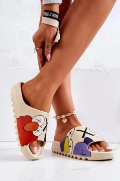 Gumowe Klapki Z Nadrukiem Beżowe Monsters