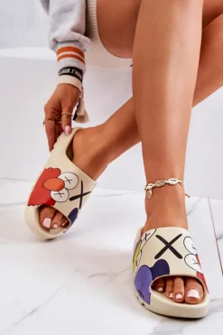 Gumowe Klapki Z Nadrukiem Beżowe Monsters