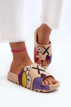 Gumowe Klapki Z Nadrukiem Ciemnobeżowe Monsters