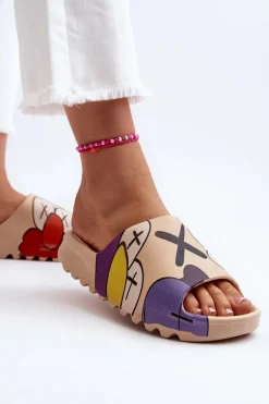 Gumowe Klapki Z Nadrukiem Ciemnobeżowe Monsters