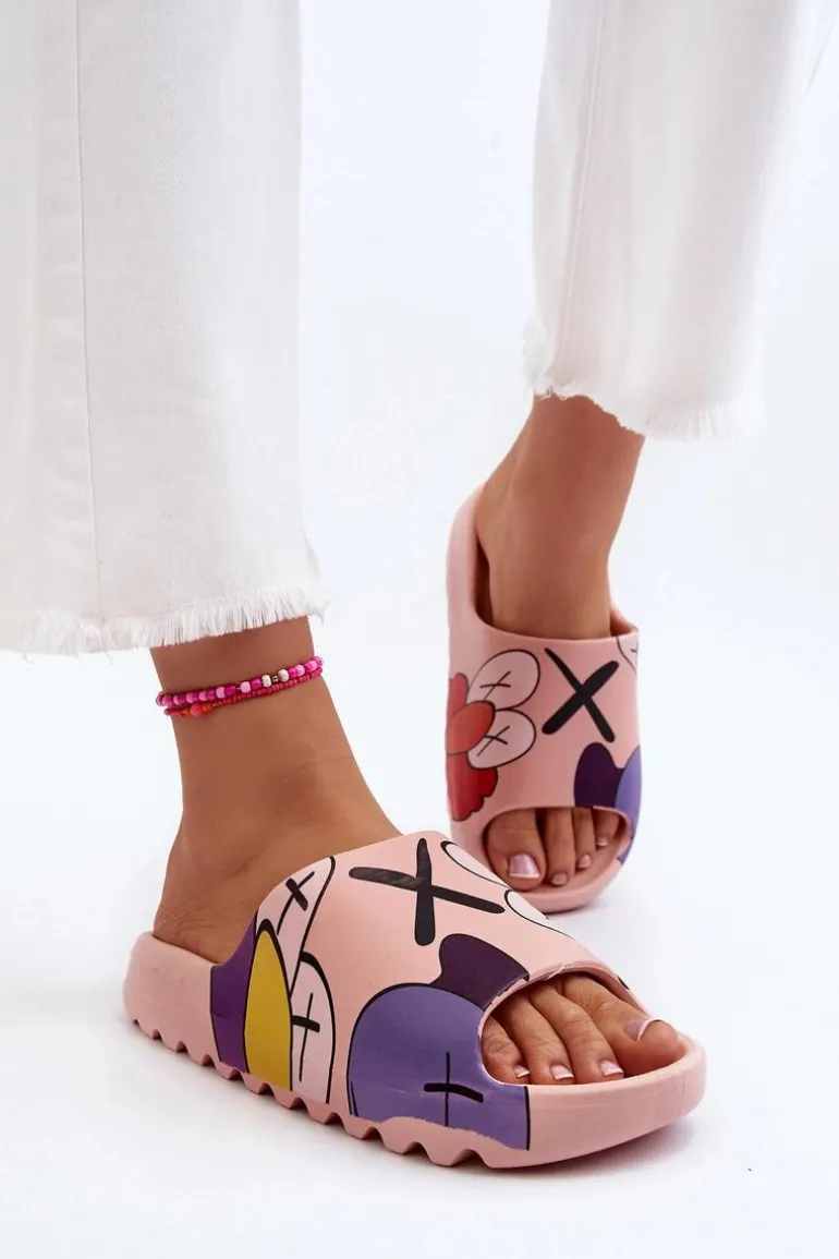 Gumowe Klapki Z Nadrukiem Różowe Monsters