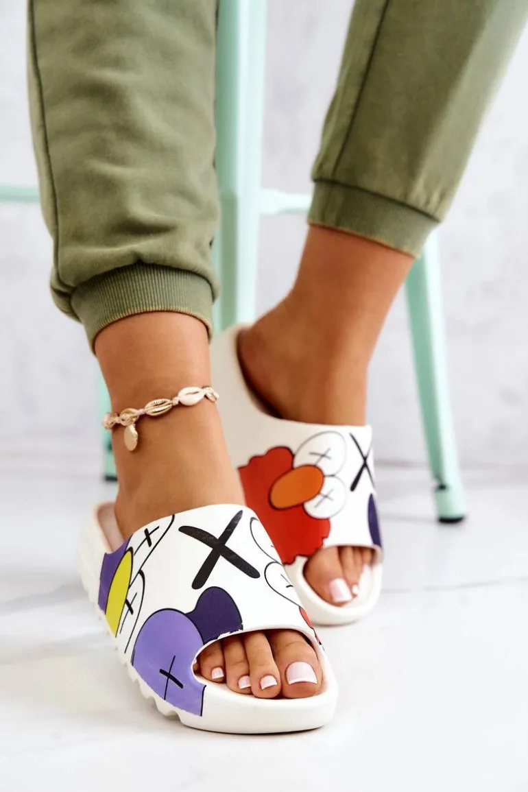 Gumowe Klapki Z Nadrukiem Białe Monsters