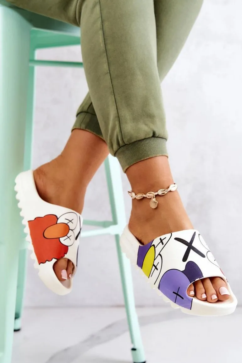 Gumowe Klapki Z Nadrukiem Białe Monsters