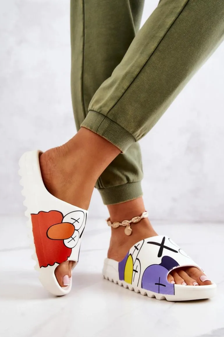 Gumowe Klapki Z Nadrukiem Białe Monsters