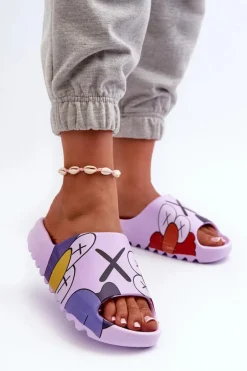 Gumowe Klapki Z Nadrukiem Fioletowe Monsters