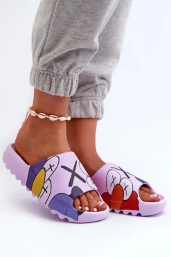 Gumowe Klapki Z Nadrukiem Fioletowe Monsters