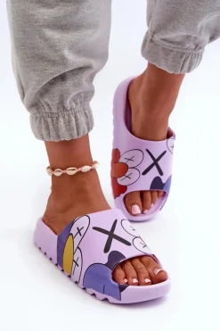 Gumowe Klapki Z Nadrukiem Fioletowe Monsters