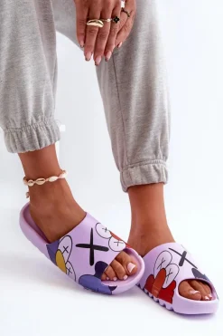 Gumowe Klapki Z Nadrukiem Fioletowe Monsters