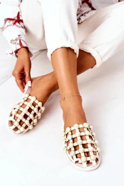 Gumowe Klapki Z Perłami Lu Boo Beżowe