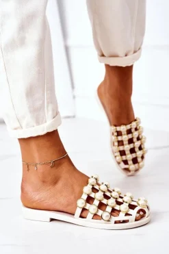 Gumowe Klapki Z Perłami Lu Boo Beżowe