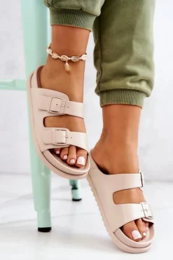 Gumowe Klapki Ze Sprzączką Beżowe Corina