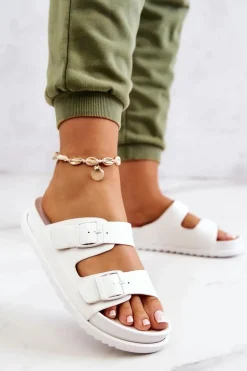 Gumowe Klapki Ze Sprzączką Białe Corina