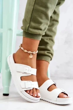 Gumowe Klapki Ze Sprzączką Białe Corina