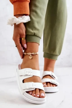 Gumowe Klapki Ze Sprzączką Białe Corina