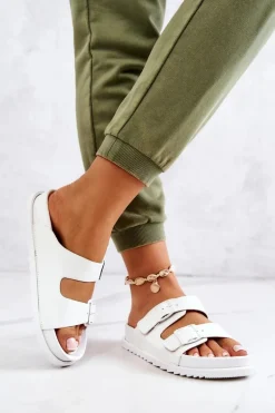 Gumowe Klapki Ze Sprzączką Białe Corina