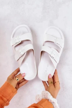 Gumowe Klapki Ze Sprzączką Białe Corina