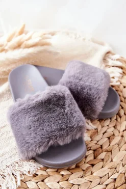 Gumowe Profilowane Klapki Z Futerkiem Szare Emmie