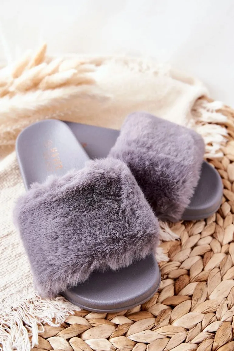 Gumowe Profilowane Klapki Z Futerkiem Szare Emmie