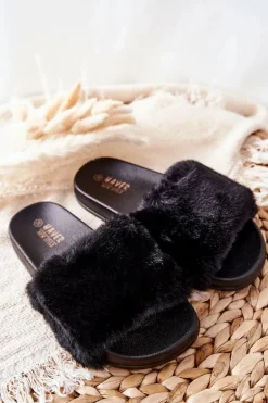 Gumowe Profilowane Klapki Z Futerkiem Czarne Emmie