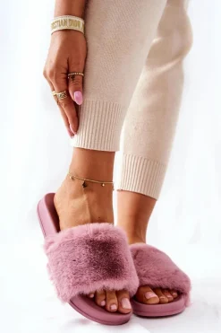 Gumowe Profilowane Klapki Z Futerkiem Ciemnoróżowe Emmie