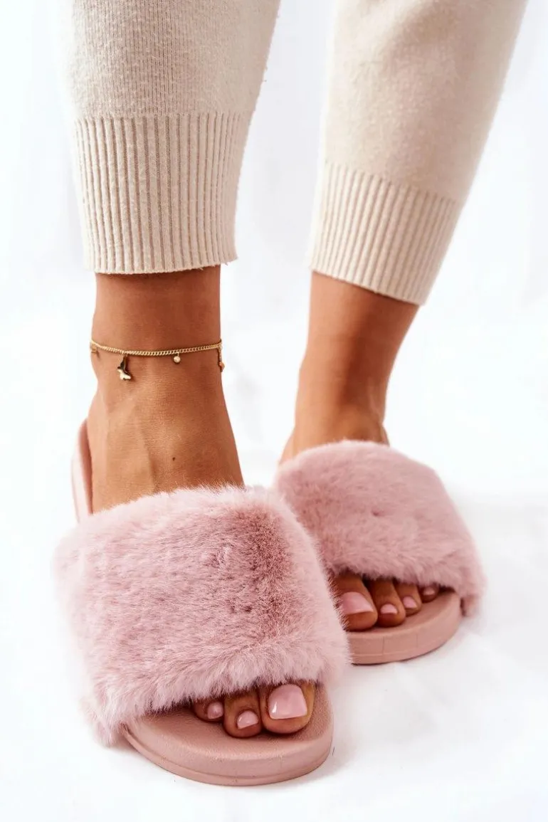 Gumowe Profilowane Klapki Z Futerkiem Różowe Emmie