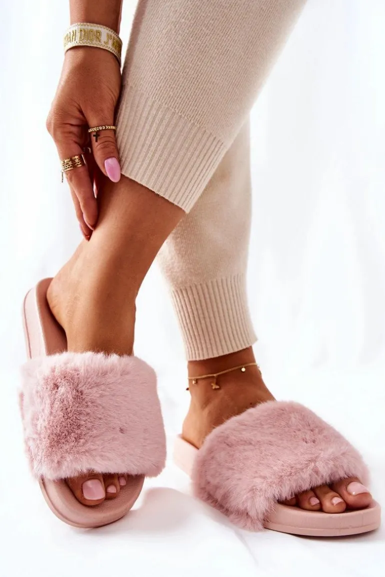 Gumowe Profilowane Klapki Z Futerkiem Różowe Emmie