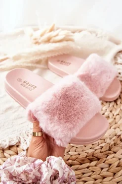 Gumowe Profilowane Klapki Z Futerkiem Różowe Emmie