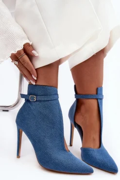 Jeansowe Botki Damskie Na Szpilce Niebieskie Amalundi