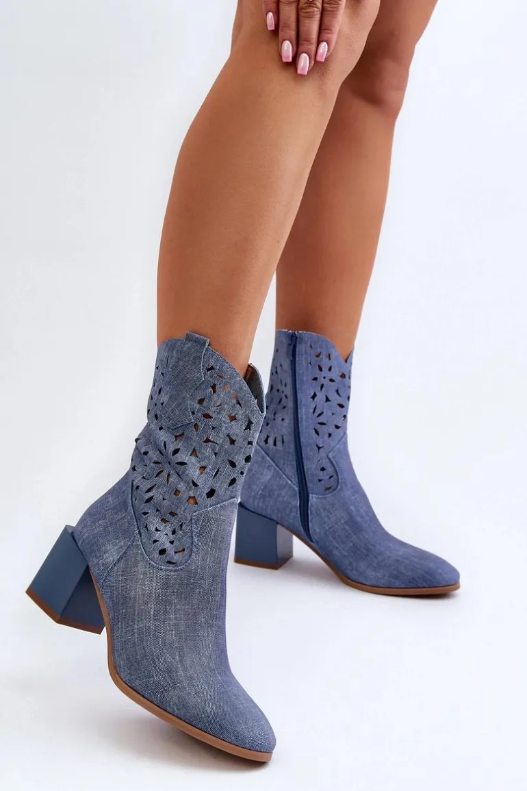 Jeansowe Botki Z Ażurową Cholewką Na Klocku Niebieskie Irvelame