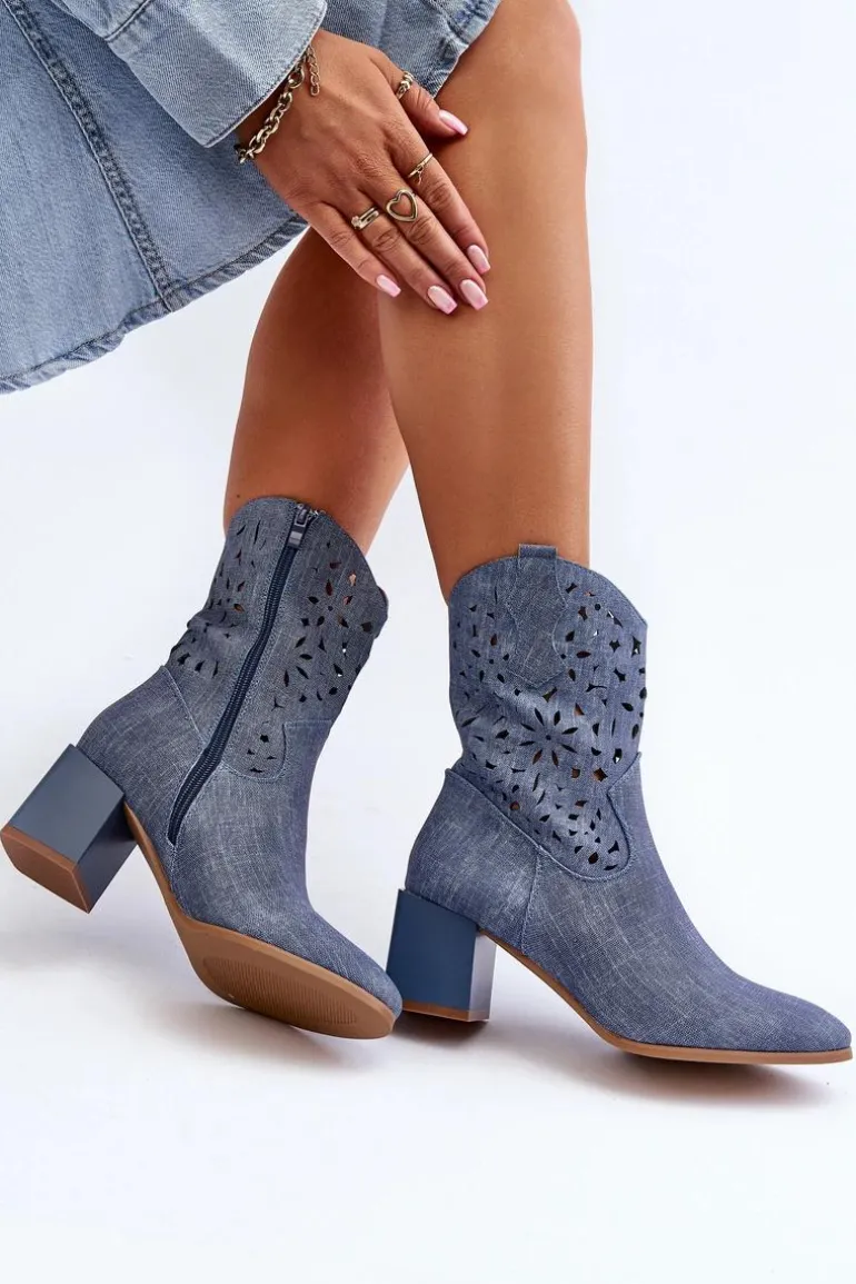 Jeansowe Botki Z Ażurową Cholewką Na Klocku Niebieskie Irvelame