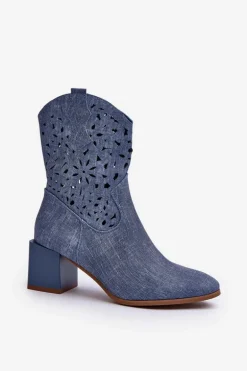 Jeansowe Botki Z Ażurową Cholewką Na Klocku Niebieskie Irvelame