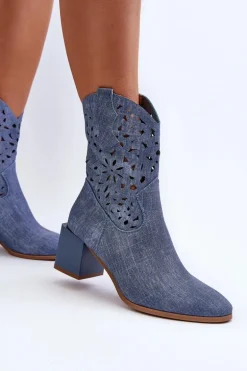 Jeansowe Botki Z Ażurową Cholewką Na Klocku Niebieskie Irvelame
