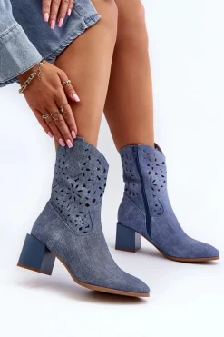 Jeansowe Botki Z Ażurową Cholewką Na Klocku Niebieskie Irvelame