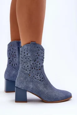 Jeansowe Botki Z Ażurową Cholewką Na Klocku Niebieskie Irvelame