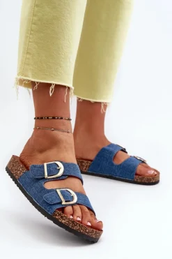 Jeansowe Damskie Klapki Na Korkowej Platformie Z Paskami Ciemnoniebieskie Doretta