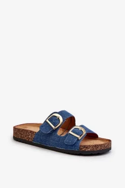 Jeansowe Damskie Klapki Na Korkowej Platformie Z Paskami Ciemnoniebieskie Doretta