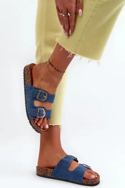 Jeansowe Damskie Klapki Na Korkowej Platformie Z Paskami Ciemnoniebieskie Doretta