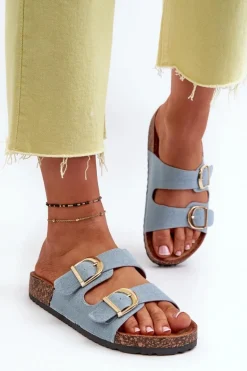 Jeansowe Damskie Klapki Na Korkowej Platformie Z Paskami Niebieskie Doretta