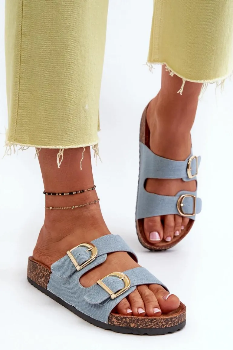 Jeansowe Damskie Klapki Na Korkowej Platformie Z Paskami Niebieskie Doretta