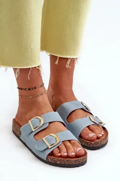 Jeansowe Damskie Klapki Na Korkowej Platformie Z Paskami Niebieskie Doretta