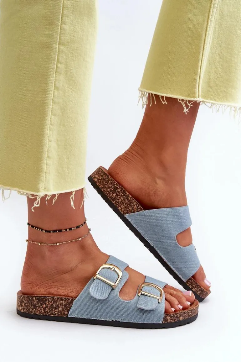 Jeansowe Damskie Klapki Na Korkowej Platformie Z Paskami Niebieskie Doretta