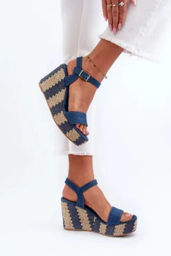 Jeansowe Sandały Damskie Na Koturnie Z Plecionką Niebieskie Reviala