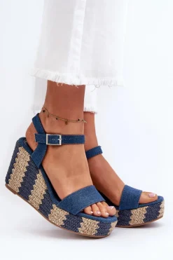 Jeansowe Sandały Damskie Na Koturnie Z Plecionką Niebieskie Reviala