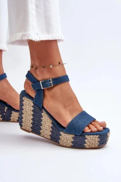 Jeansowe Sandały Damskie Na Koturnie Z Plecionką Niebieskie Reviala