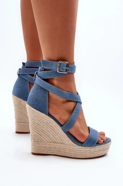 Jeansowe Sandały Na Koturnie Z Plecionką Niebieskie Salthe