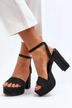 Jeansowe Sandały Na Słupku Czarne Acrana