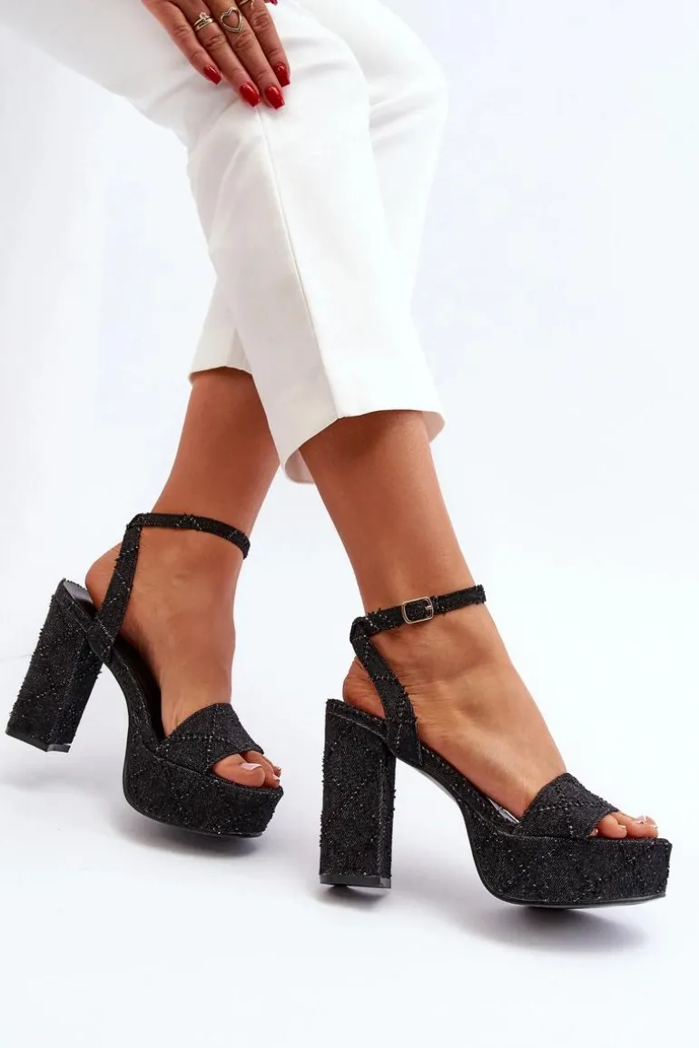 Jeansowe Sandały Na Słupku Czarne Acrana