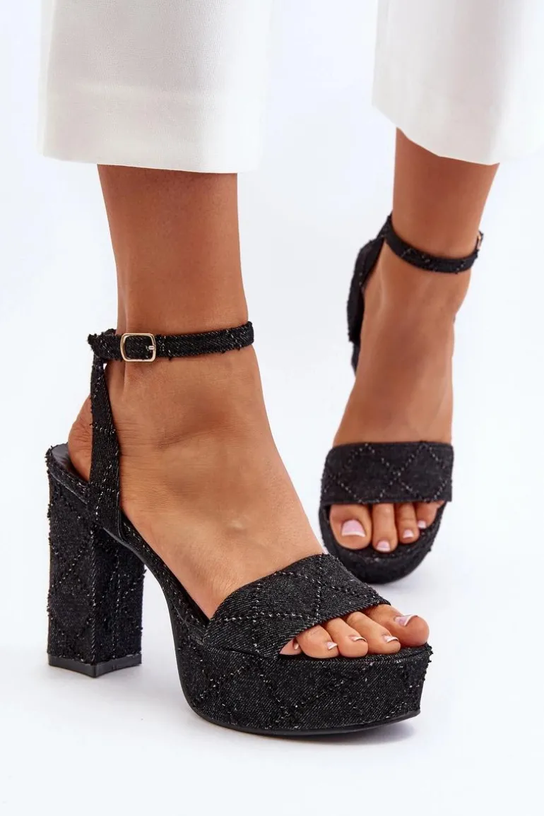 Jeansowe Sandały Na Słupku Czarne Acrana