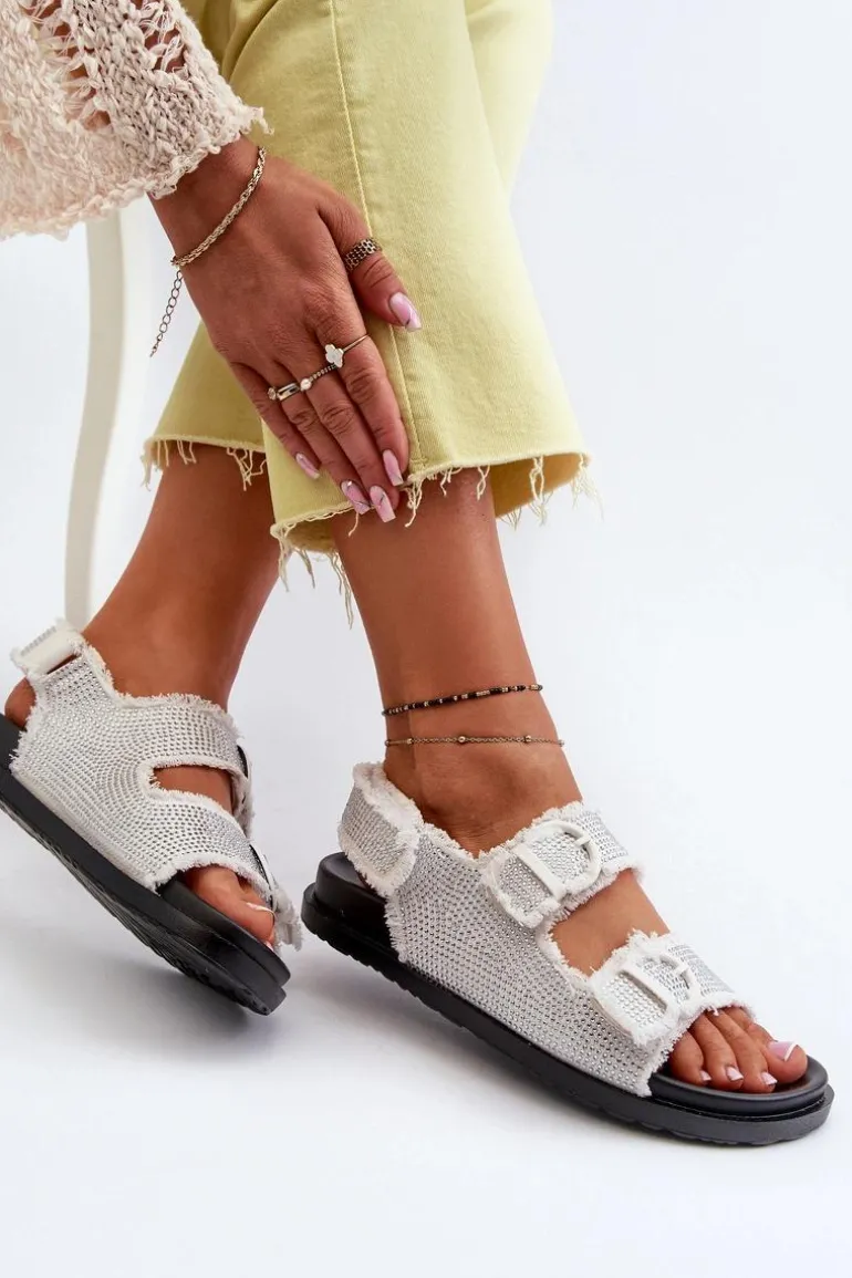 Jeansowe Zdobione Sandały Damskie Białe Irmale