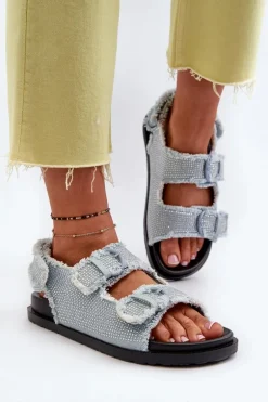 Jeansowe Zdobione Sandały Damskie Niebieskie Irmale